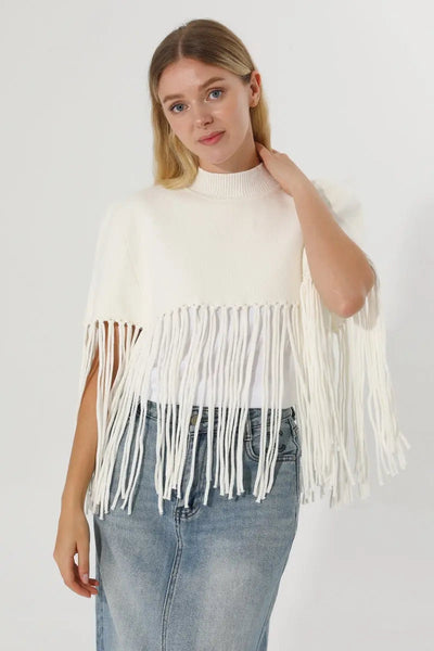 Women Solid Mock Neck Fringe Knit Poncho Cape Shawl 🧶🍂 Leto Collection