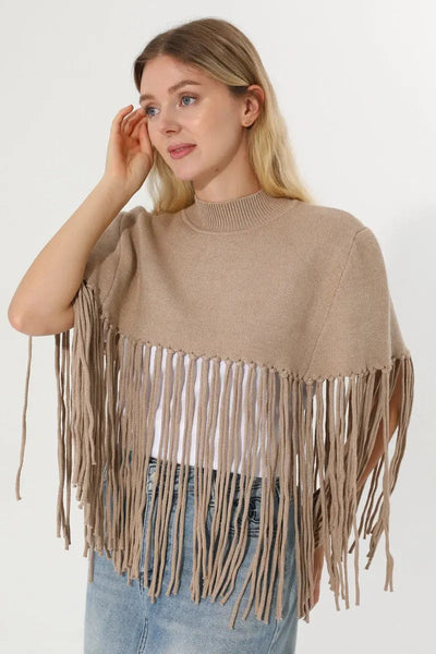 Women Solid Mock Neck Fringe Knit Poncho Cape Shawl 🧶🍂 Leto Collection
