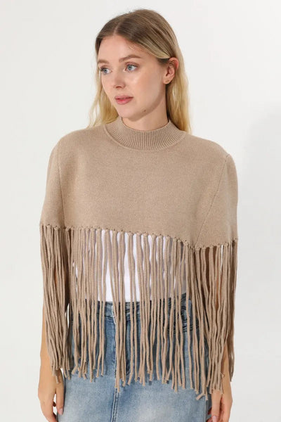 Women Solid Mock Neck Fringe Knit Poncho Cape Shawl 🧶🍂 Leto Collection