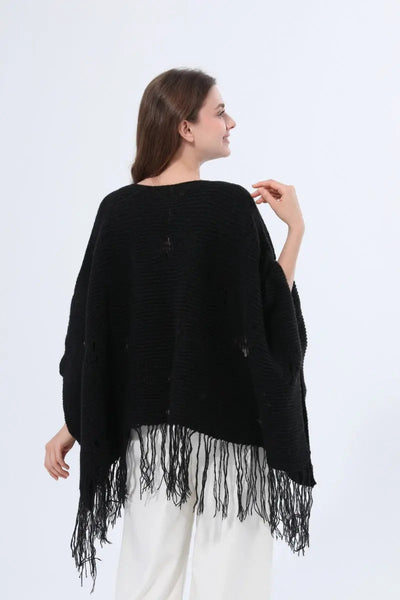 Hollow Knit Fringe Detail Poncho Women Shawl Leto Collection