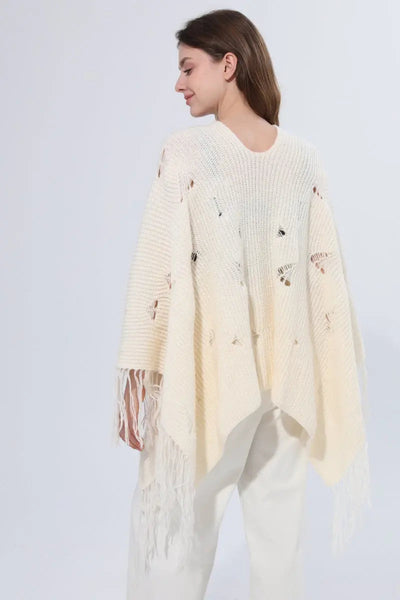 Hollow Knit Fringe Detail Poncho Women Shawl Leto Collection
