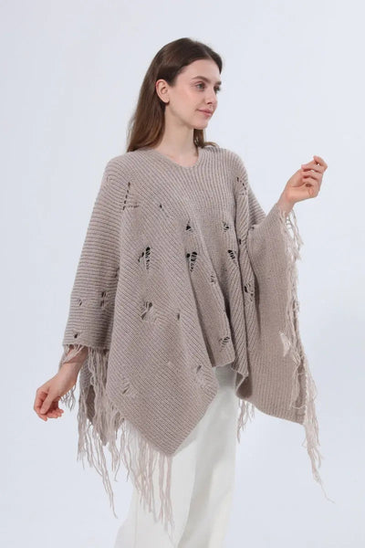 Hollow Knit Fringe Detail Poncho Women Shawl Leto Collection