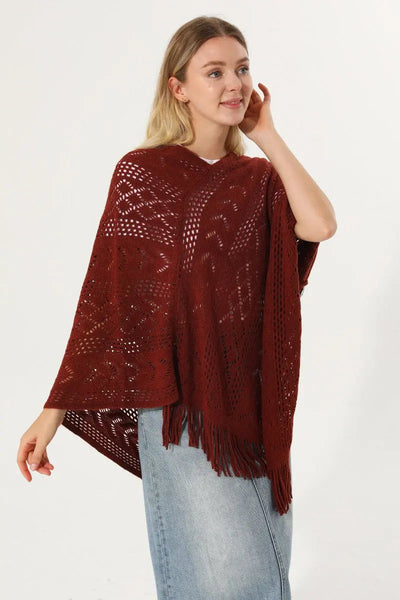 Hollow Knit Tassel Triangle Poncho Lightweight Shawl Wrap 🧶✨ Leto Collection