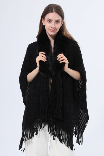 Women Faux Fur Collar Fringed Knit Poncho Shawl Leto Collection