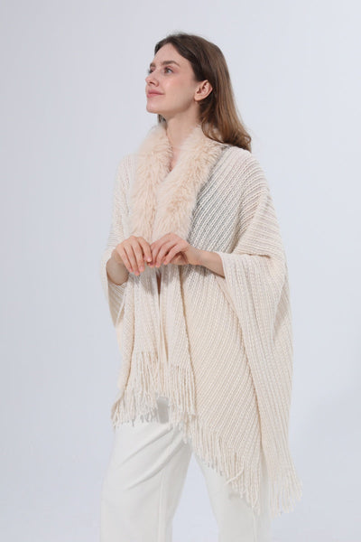 Women Faux Fur Collar Fringed Knit Poncho Shawl Leto Collection