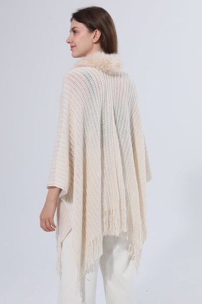 Women Faux Fur Collar Fringed Knit Poncho Shawl Leto Collection
