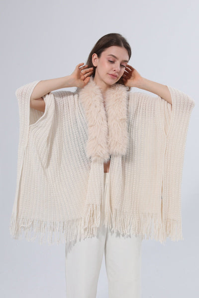 Women Faux Fur Collar Fringed Knit Poncho Shawl Leto Collection