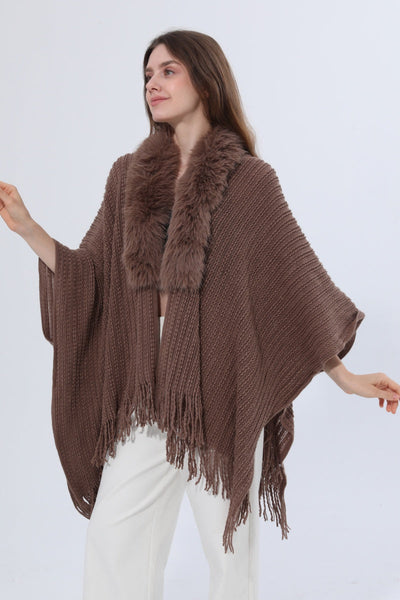 Women Faux Fur Collar Fringed Knit Poncho Shawl Leto Collection
