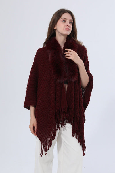 Women Faux Fur Collar Fringed Knit Poncho Shawl Leto Collection