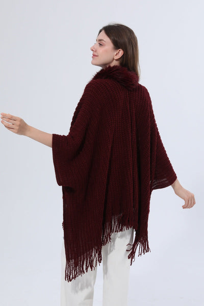 Women Faux Fur Collar Fringed Knit Poncho Shawl Leto Collection