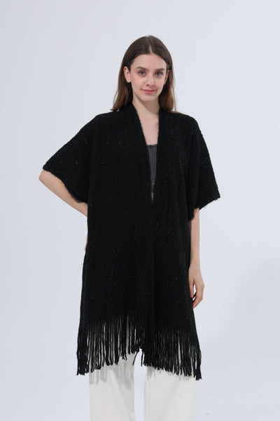 Knitted Tassel Open Front Poncho Shawl Wrap