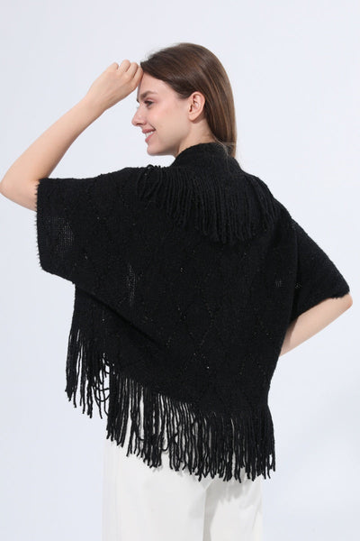 Fringed Diamond Knit Open Front Poncho Shawl