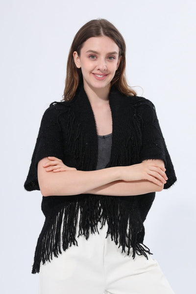 Fringed Diamond Knit Open Front Poncho Shawl