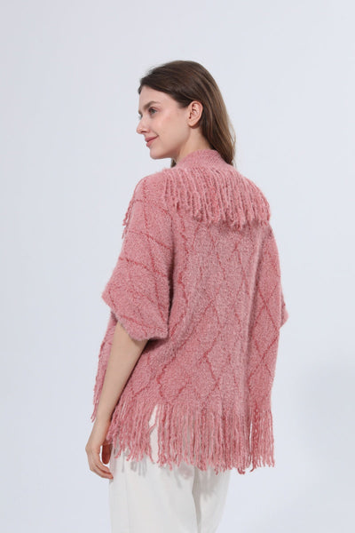 Fringed Diamond Knit Open Front Poncho Shawl