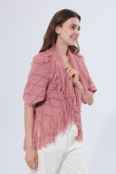 Fringed Diamond Knit Open Front Poncho Shawl