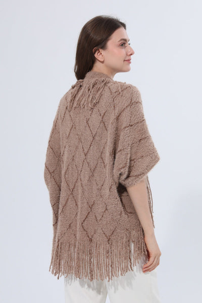 Fringed Diamond Knit Open Front Poncho Shawl