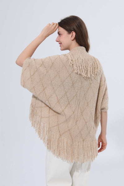Fringed Diamond Knit Open Front Poncho Shawl