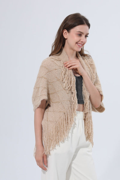 Fringed Diamond Knit Open Front Poncho Shawl