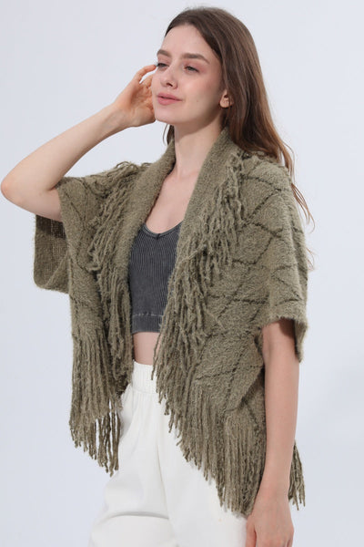 Fringed Diamond Knit Open Front Poncho Shawl
