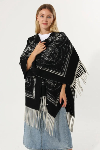 Women Paisley Floral Tassel Poncho Reversible Winter Shawl Wrap 🧣✨ Leto Collection