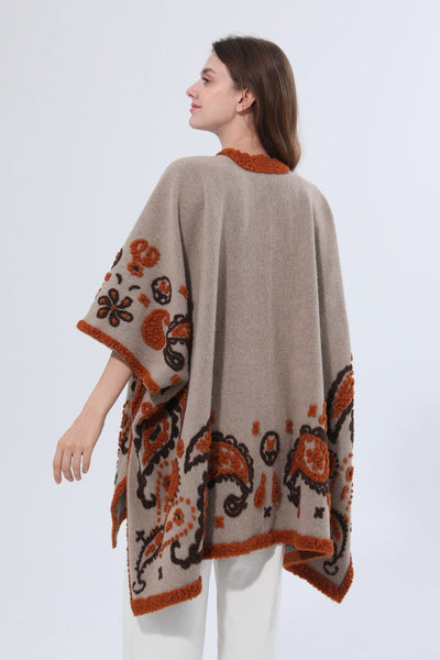 Women Tufted Paisley Knit Poncho Shawl Cape Leto Collection