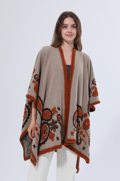 Women Tufted Paisley Knit Poncho Shawl Cape Leto Collection