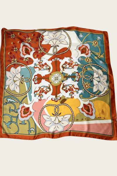 Floral Chain Print Scarf - Vintage Silk-Like Square 🌸⛓️