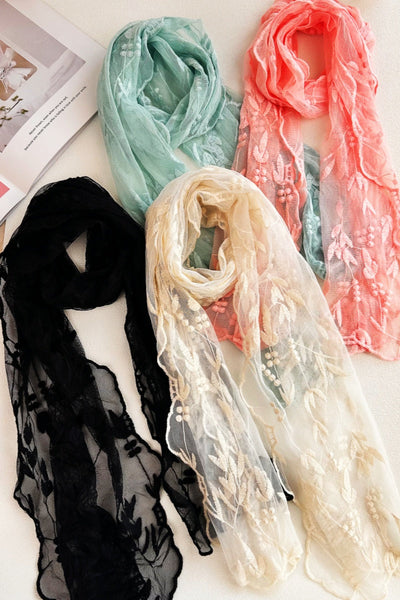 Delicate Mesh Embroidered Oblong Scarf – Sheer & Airy Lightweight Wrap 🌬️