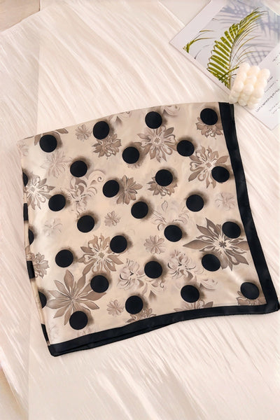 Retro Blossom & Dot Print Scarf – Airy Silky Square 🌸⚫