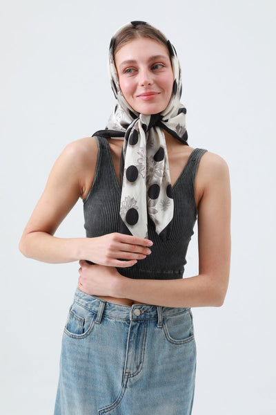 Retro Blossom & Dot Print Scarf – Airy Silky Square 🌸⚫