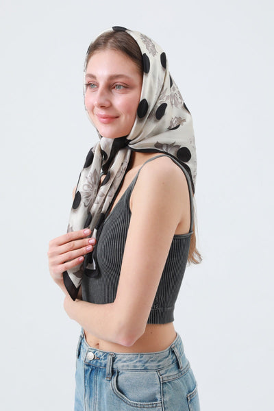 Retro Blossom & Dot Print Scarf – Airy Silky Square 🌸⚫