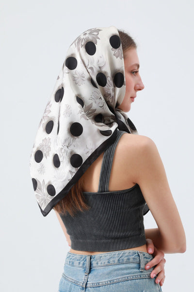 Retro Blossom & Dot Print Scarf – Airy Silky Square 🌸⚫