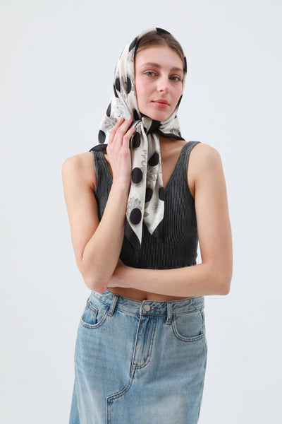 Retro Blossom & Dot Print Scarf – Airy Silky Square 🌸⚫