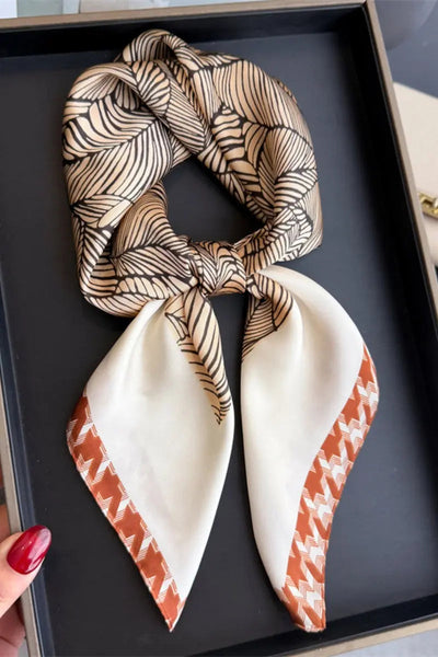 Women's Elegant Square Scarf with Abstract Leaf Print & Houndstooth Trim