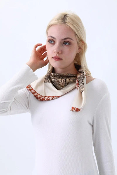 Women's Elegant Square Scarf with Abstract Leaf Print & Houndstooth Trim