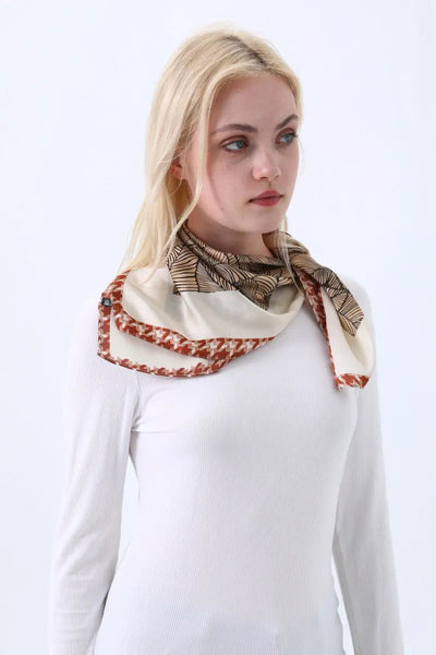 Women's Elegant Square Scarf with Abstract Leaf Print & Houndstooth Trim