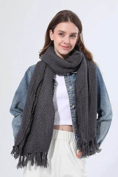 Women Solid Waffle Knit Fringe Scarf Soft Shawl Wrap 🧶🍂 Leto Collection