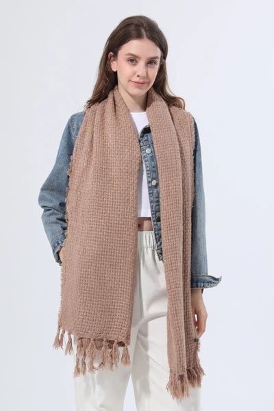 Women Solid Waffle Knit Fringe Scarf Soft Shawl Wrap 🧶🍂 Leto Collection