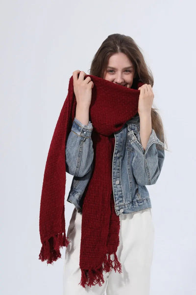 Women Solid Waffle Knit Fringe Scarf Soft Shawl Wrap 🧶🍂 Leto Collection