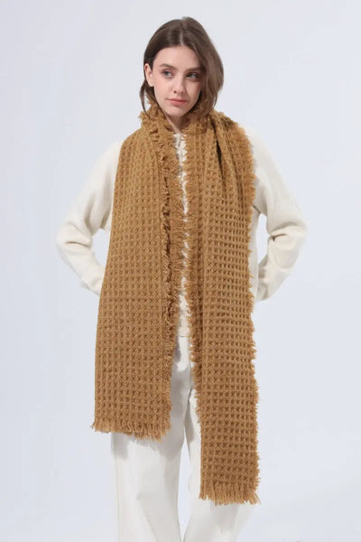 Women Waffle Knit Scarf Soft Fringe Solid Winter Shawl 🧶🤎 Leto Collection