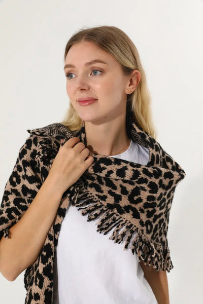 Leopard Knit Poncho Fringe Soft Warm Women Cape Shawl 🧶🐆 Leto Collection