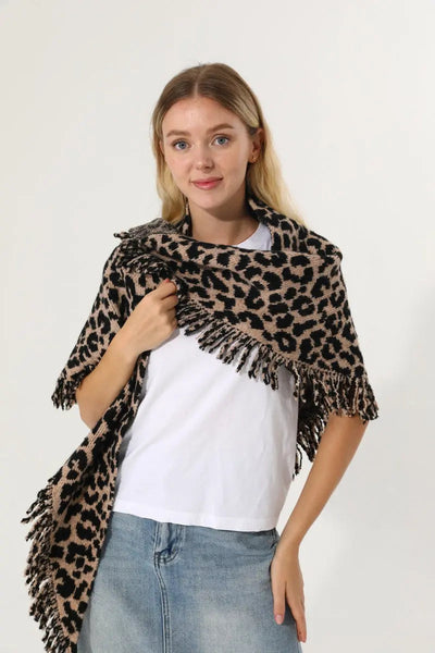 Leopard Knit Poncho Fringe Soft Warm Women Cape Shawl 🧶🐆 Leto Collection