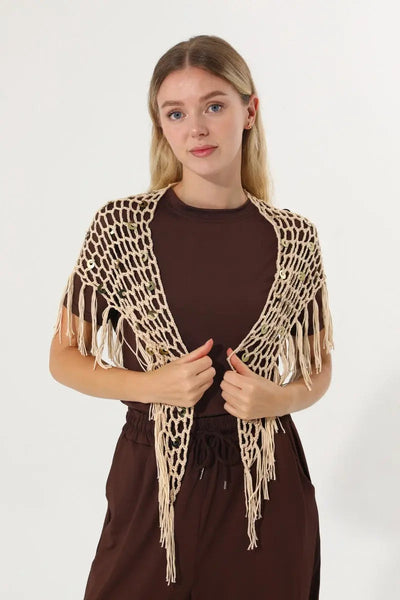 Women Boho Sequin Crochet Tassel Mesh Multiway Shawl ✨🍂 Leto Collection