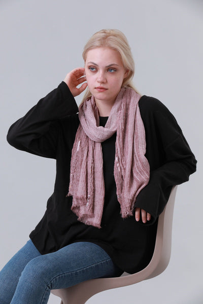 Crinkled Long Scarf for Women with Sequin Decor and Fringe Edge Leto Collection