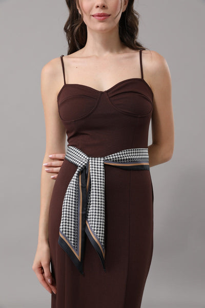 Women Narrow Decor Satin Scarf with Classic Houndstooth Trim Leto Collection