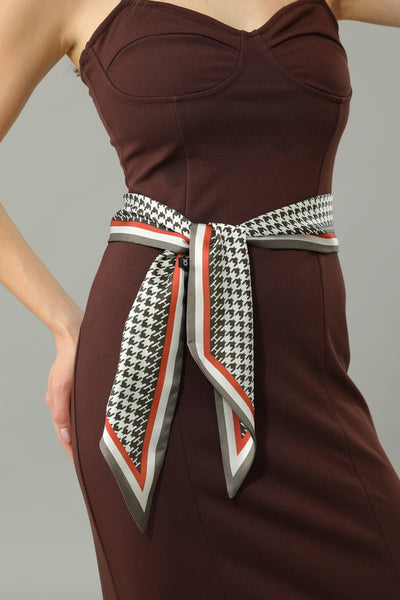 Women Narrow Decor Satin Scarf with Classic Houndstooth Trim Leto Collection
