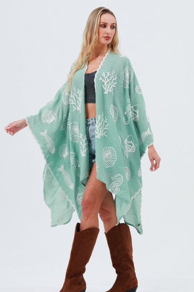 Seahorse Coral Seashell Embroidered Kimono – Ocean Breeze Cover-Up 🌊🐚