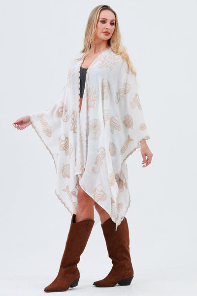 Seahorse Coral Seashell Embroidered Kimono – Ocean Breeze Cover-Up 🌊🐚