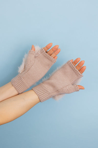 Faux Fur Trim Fingerless Knit Mittens - 6 colors