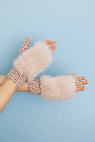 Faux Fur Trim Fingerless Knit Mittens - 6 colors